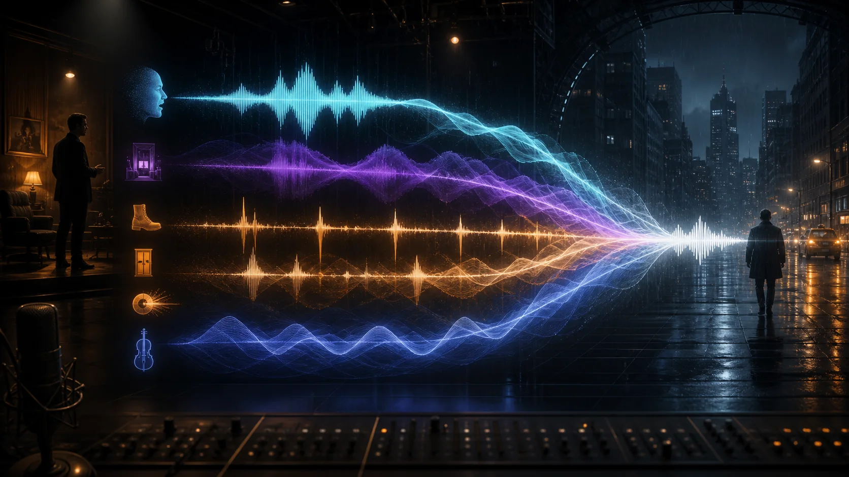 New Seed Audio 2.0 concept image showing dialogue, ambience, foley, and music layers forming a rainy cinematic scene