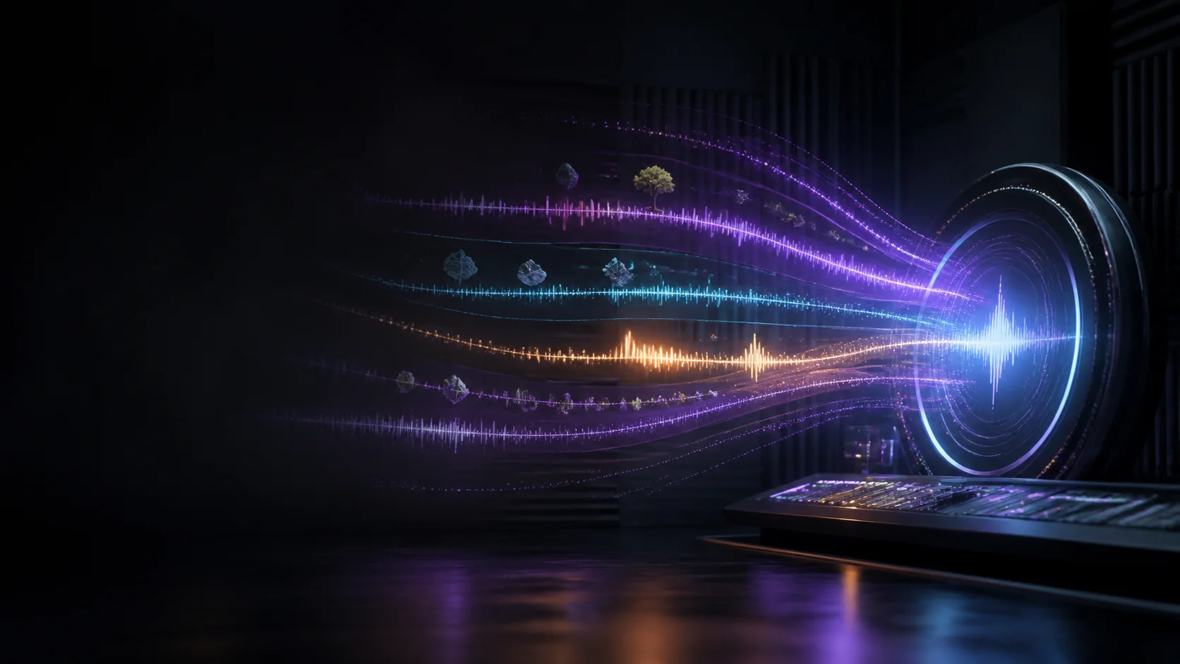 Cinematic audio studio with layered voice, ambience, effects, and music waveforms converging into one sound scene