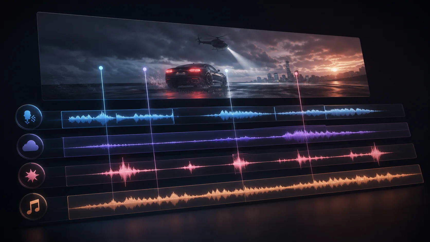 New concept image of video-aware dubbing with voice, ambience, effects, and music arranged on separate synchronized waveform tracks
