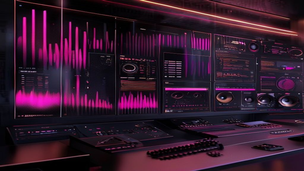 Abstract AI audio generation control room with layered waveform panels
